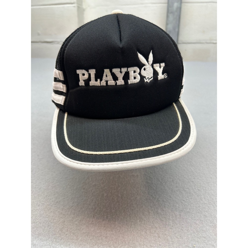 Vintage Playboy Trucker Hat Black White Mesh Snapback Bunny Logo Cap RN 7008